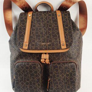 Calvin Klein Teodora Backpack, Brown CK Monogram Logo, Gold Accents, Never Used